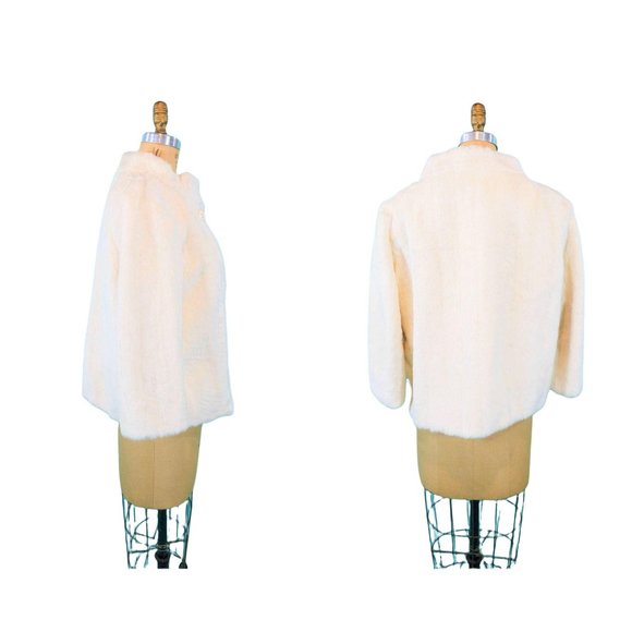 Vintage 1960s Faux Fur Jacket White Rhinestone Buttons Glamorous Evening - Picture 9 of 10